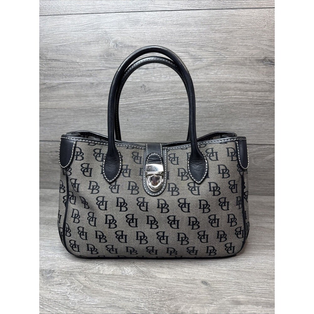Dooney Bourke Black Gray Logo Print Handbag Purse w/Leather Double Handle